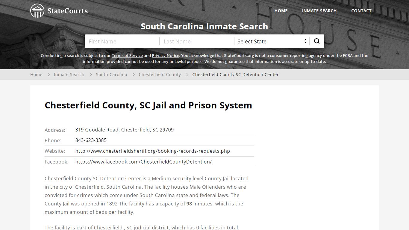 Chesterfield County SC Detention Center Inmate Records Search, South ...